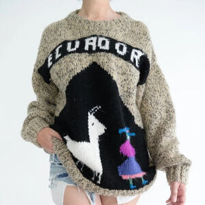 Ecuador Handmade Tan Knit w Black Llama Alpaca Crewneck Chunky Sweater L